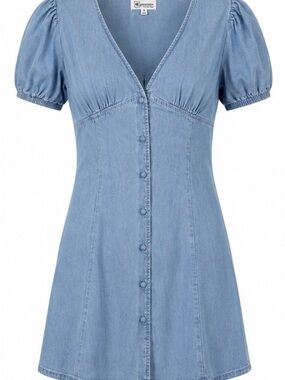 RE Generation Light Blue Denim Button-Front Mini Dress with Puff Sleeves